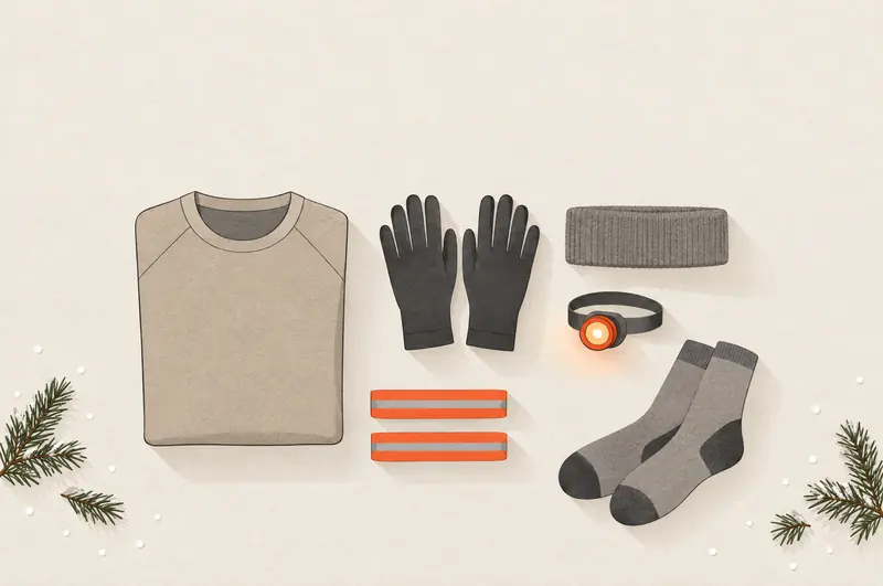 Ausrüstung fürs Laufen im Winter: Laufjacke, Handschuhe, Stirnband, Stirnlampe, Reflektorbänder und Laufsocken