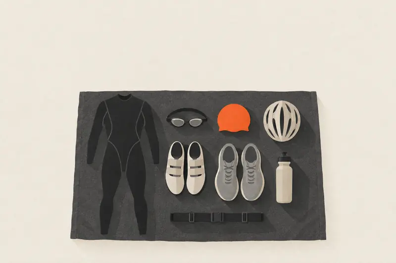 Triathlon-Ausrüstung in der Wechselzone: Neoprenanzug, Schwimmbrille, Badekappe, Helm, Radschuhe, Laufschuhe und Startnummernband