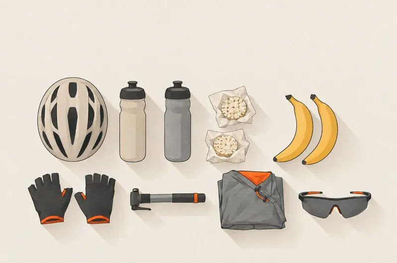 Ausrüstung für einen langen Radtag: Helm, Trinkflaschen, Handschuhe, Reiskuchen, Bananen, Minipumpe, Regencape und Sonnenbrille