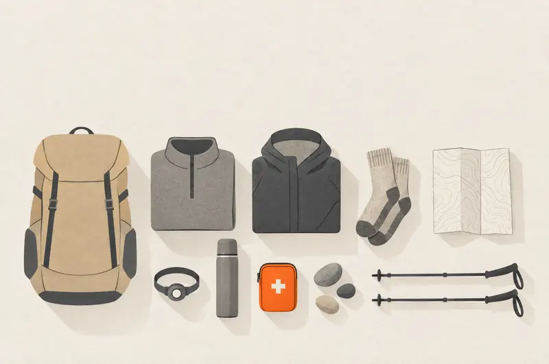 Packliste für eine Hüttentour: Rucksack, Fleece, Regenjacke, Wollsocken, Wanderkarte, Stirnlampe, Thermosflasche, Wanderstöcke und Erste-Hilfe-Set