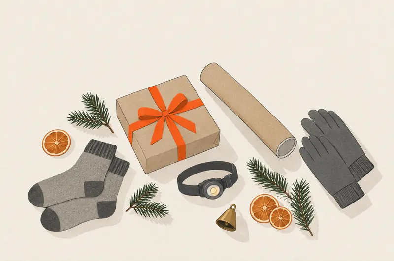 Weihnachtsgeschenke für Läufer: verpacktes Geschenk mit oranger Schleife, Posterrolle, Laufhandschuhe, Stirnlampe und Wollsocken