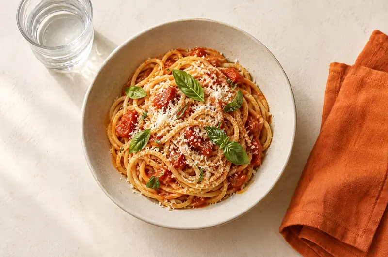 Spaghetti mit Tomatensauce, Basilikum und Parmesan als Vorabend-Essen vor dem Wettkampf