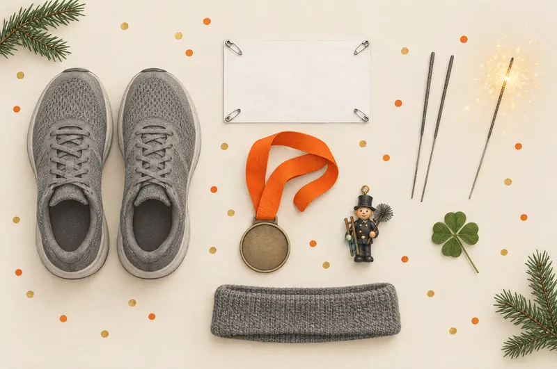 Silvesterlauf-Stillleben: Laufschuhe, leere Startnummer mit Sicherheitsnadeln, Medaille mit oranger Schleife, Wunderkerzen und Glücksbringer